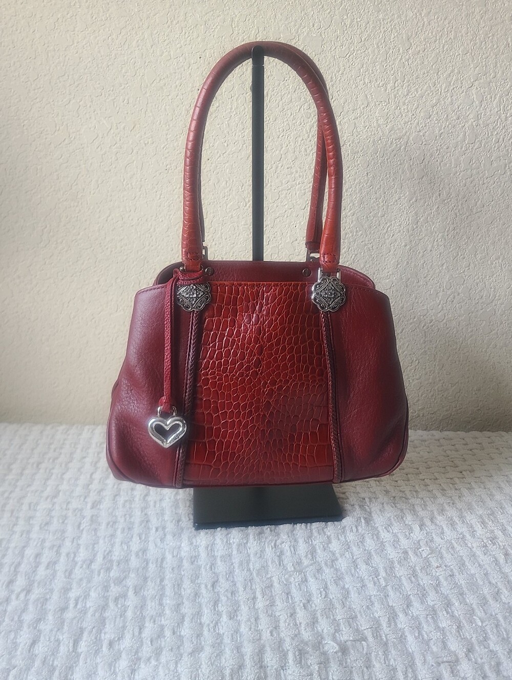 Brigthon Red Croc-Texture Leather Tote Handbag